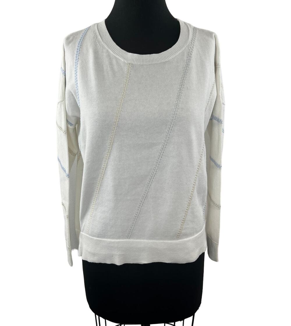 LISA TODD White Blue Sweater Striped Cotton Knit Ribbed Crew Neck Size Medium M